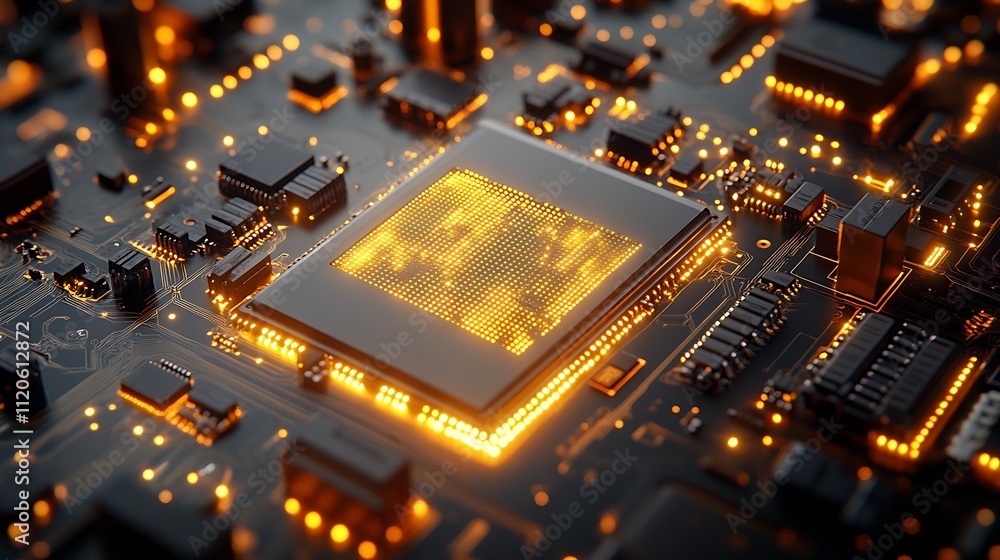 Aufkleber Cuttingedge Digital Circuit Board with Glowing Processor in Futuristic Technology Design : Generative AI