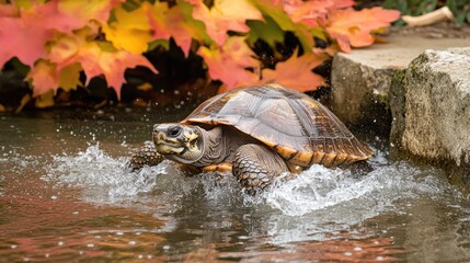 Fototapeta premium Turtle Emerging from Water Surrounded by Colorful Autumn Leaves