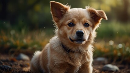 Adorable golden puppy sitting outdoors, looking at camera.