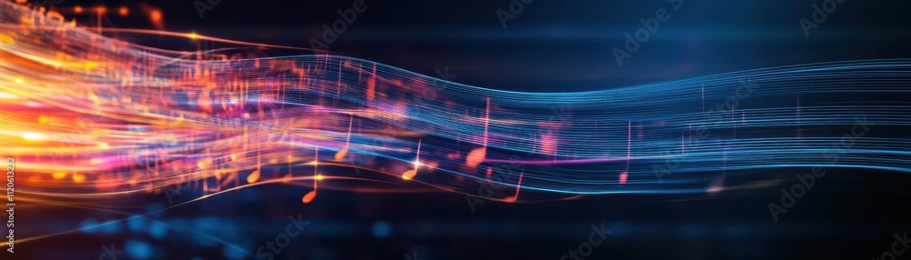 Poster an abstract composition of flowing ribbons of light, resembling musical notes, set in a dark backgro