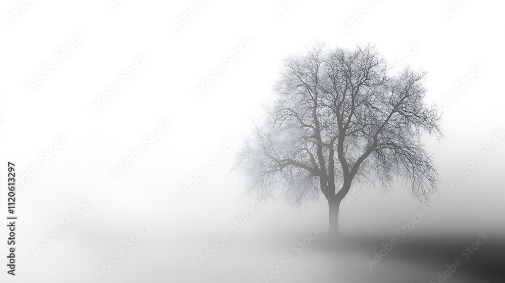 Aufkleber solitary bare tree in foggy minimalistic winter landscape setting mood : generative ai