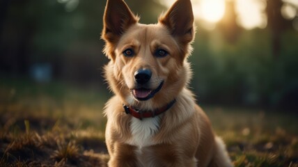 Happy dog sitting outdoors in the sunset.