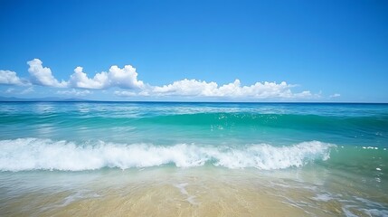 Crystal Clear Turquoise Ocean Waves Crashing on Sandy Shore Under Bright Blue Sky : Generative AI