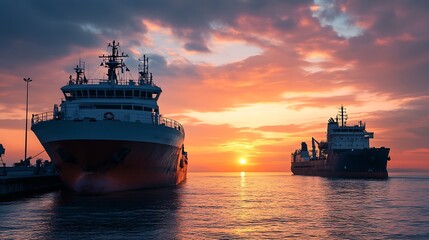 Fototapeta premium Majestic Cargo Ships Anchored in Harbor at Vibrant Sunset : Generative AI