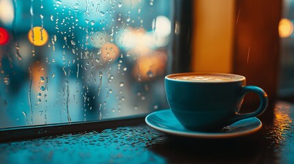 Obraz premium A cozy coffee cup sits on a table near a rainy window, creating a warm atmosphere amidst the cool, blurred city lights outside.