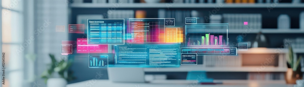 Poster A vibrant productivity dashboard concept, with todo lists, timelines, and colorful graphs floating holographically in a home office setting