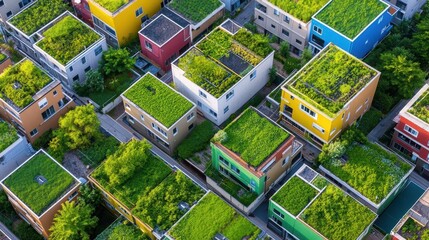 A vibrant neighborhood with rooftop gardens thriving on compost, bright afternoon light, wide aerial view highlighting greenery