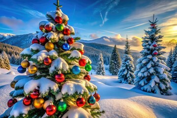 Drone Photography Christmas Panorama: Snowy Xmas Tree & Festive Decorations