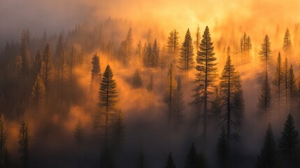 Fototapeta premium Golden sunrise through tall pine trees