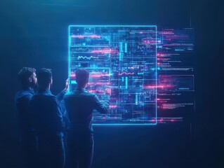 A team of professionals collaborating on a holographic project management dashboard, futuristic style, neon accents, digital glow, emphasizing innovation and teamwork