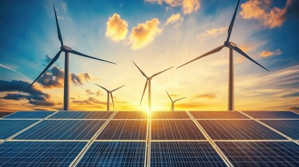 Golden sunset over solar panels and wind turbines