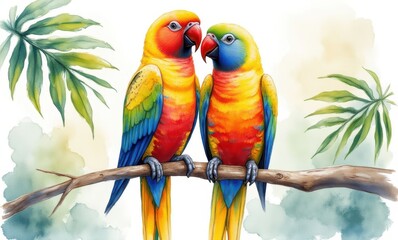 Two Colorful Parrots Perched Together