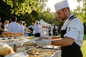 Outdoor catering event with chef preparing a gourmet spread at sunset in a garden setting