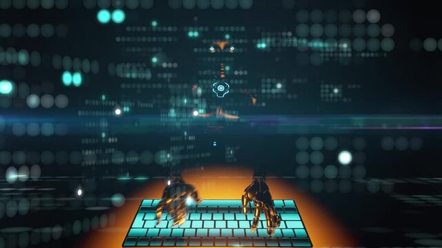 Ai robot hands typping code with glitch flickering dots overlay. Modern title background or high tech animation