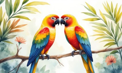 Two vibrant parrots perched together