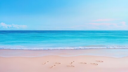 Fototapeta premium A serene beach scene with soft waves, footprints in the sand, pastel tones, oil painting style, tranquil and reflective