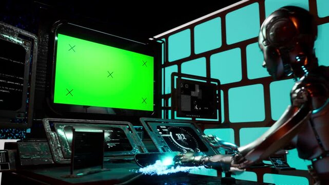 green screen display monitor on futuristic cyberpunk table and working humanoid ai robot
