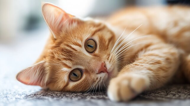 Cute ginger tabby cat lying on soft carpet in warm sunlight : Generative AI