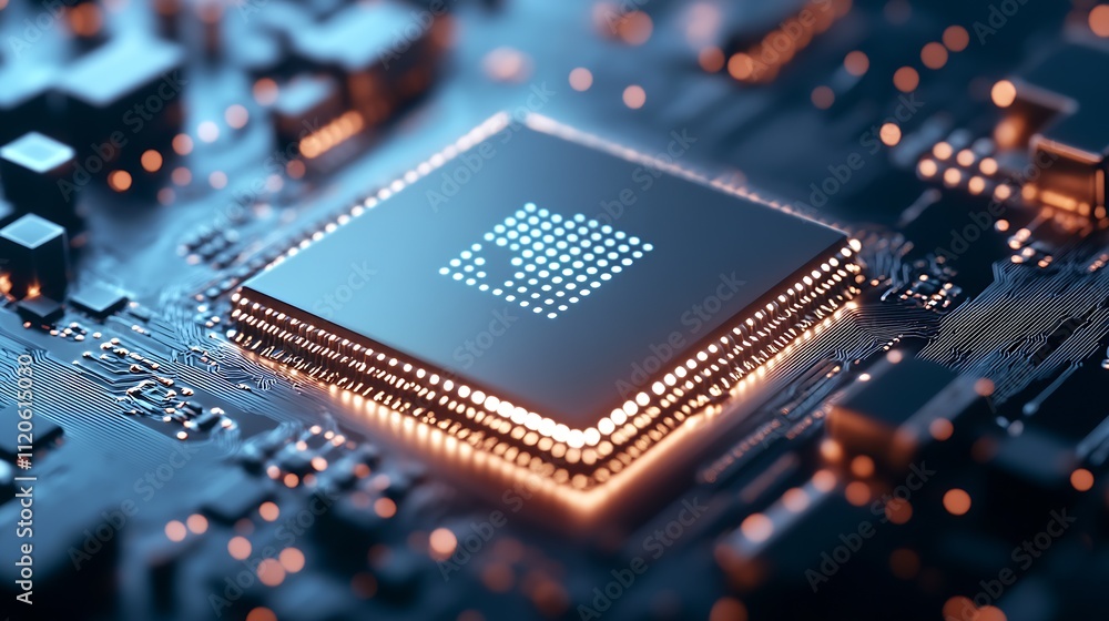Aufkleber Detailed view of a modern semiconductor microchip with intricate glowing circuits on a motherboard : Generative AI