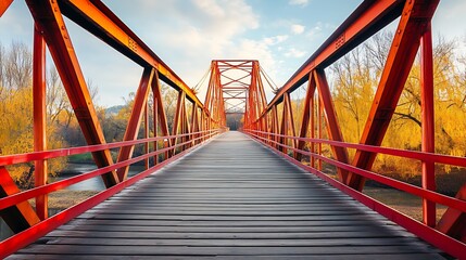 Picturesque Red Bridge at Sunrise with Fall Foliage Reflecting on the River : Generative AI