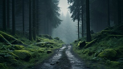Fototapeta premium A photo of a trail leading into a misty forest.