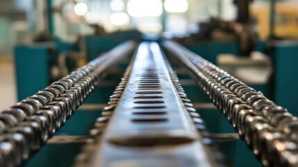 Obraz premium A close-up of a conveyor chain in an industrial setting, showcasing machinery and production.