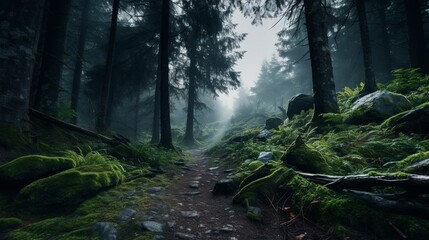 Fototapeta premium A photo of a trail leading into a misty forest.