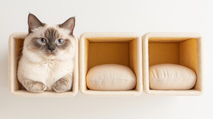 Cozy Cat Relaxing in Stylish Storage Bins on a Minimalist Surface