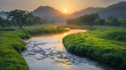 Obraz premium Serene River Flowing Through Lush Green Valley