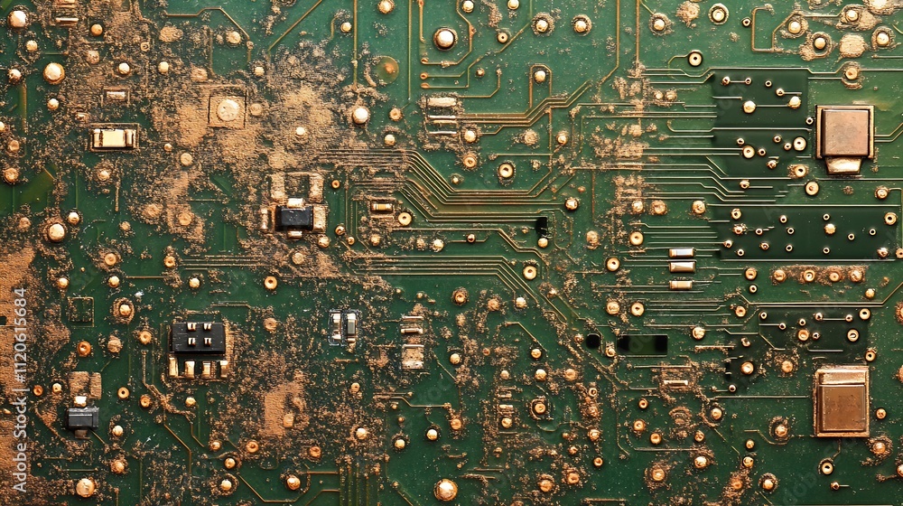 Fototapete green circuit board with dusty appearance and embedded components : generative ai