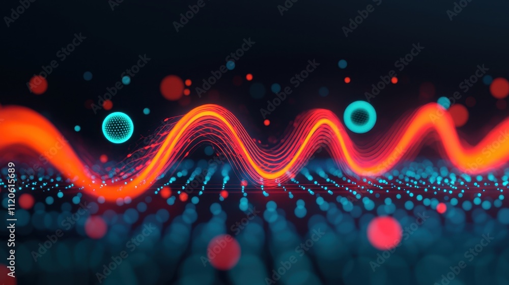 Poster vibrant abstract wave pattern with colorful dots and lights