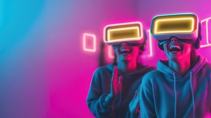 A retrofuturistic take on friends in a VR simulation sharing laughter, vibrant neon details lighting up the scene, Pop Art, Neon