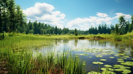 Obraz premium A photo of a tranquil pond surrounded by tall grass