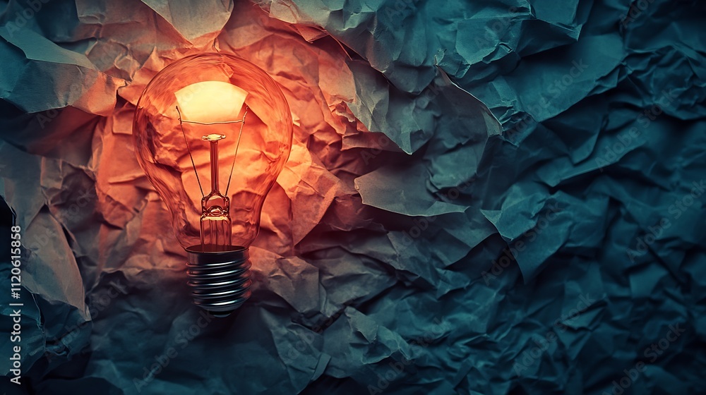 Poster creative illuminated lightbulb glowing on crumpled paper background concept : generative ai