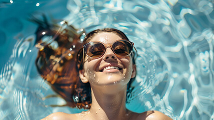 Fototapeta premium Happy young woman with wet hair and stylish sunglasses sunbathing by the pool.