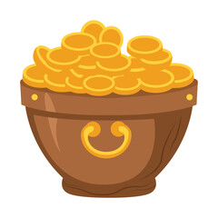 Treasure chest filled with golden coins, gold money container, vessel full of golden money coins, flat cartoon vector illustration