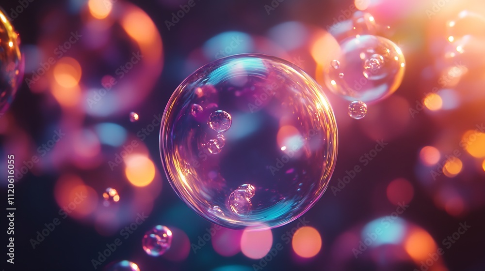 Poster Mesmerizing Iridescent Bubble with Colorful Twinkling Bokeh Lights : Generative AI
