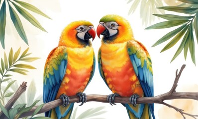 Colorful parrots perched on a branch