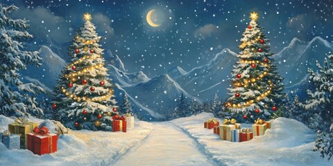 Obraz premium Magical winter night with christmas trees and gifts
