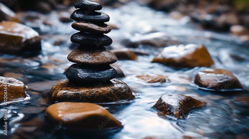 Poster stack of balanced zen stones in a tranquil flowing river water scene : generative ai
