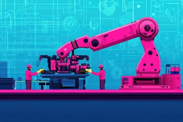 A hightech robotic arm assisting factory workers in safely handling heavy machinery, front view, emphasizing workplace automation for safety, cybernetic tone, Triadic Color Scheme