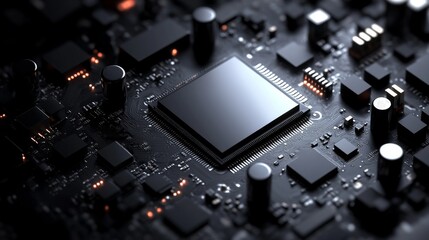 Fototapeta premium An advanced microchip features amidst a detailed circuit board arrangement, showcasing the sophistication and complexity of modern electronic technologies.