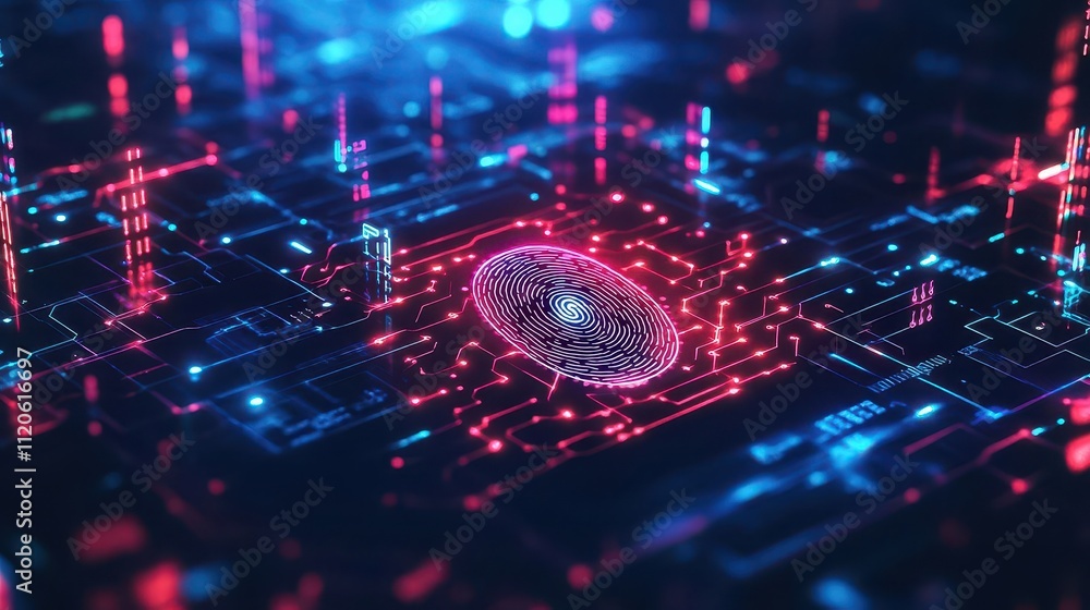 Poster a glowing fingerprint scan interface surrounded by vibrant digital circuitry, symbolizing biometric 