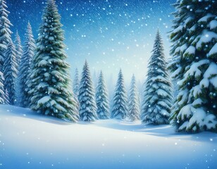 Obraz premium Snowfall in winter forest.Beautiful landscape with snow covered fir trees and snowdrifts.Merry Christmas and happy New Year greeting background with copy-space.Winter fairytale