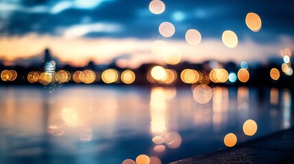 Romantic blurred lights reflecting over water at sunset creating a dreamy bokeh effect : Generative AI