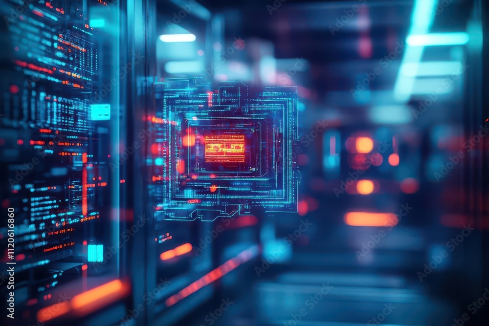 Poster A futuristic factory powered by AI algorithms visualized as glowing holographic pathways, immersive scifi environment, hyperreal 3D