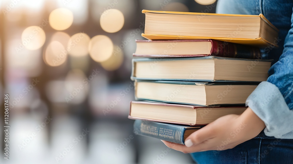 Poster closeup of woman holding stack of books in library setting indicates education and knowledge : gener