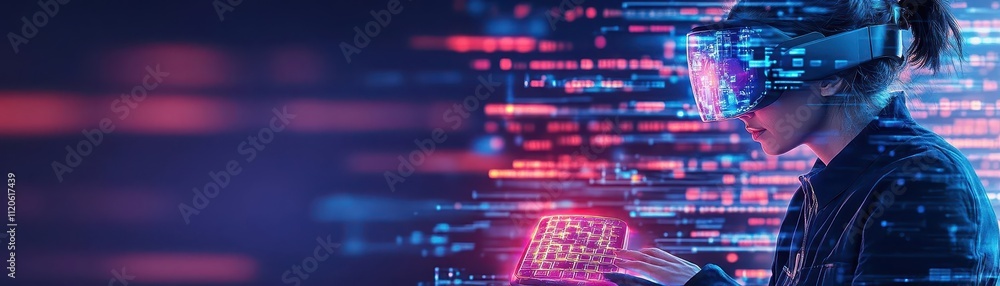 Aufkleber A cybersecurity expert wearing an augmented reality visor, typing on a holographic keyboard with a glowing firewall behind them