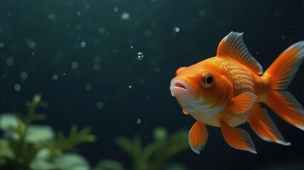 Orange goldfish swimming underwater, bubbles.