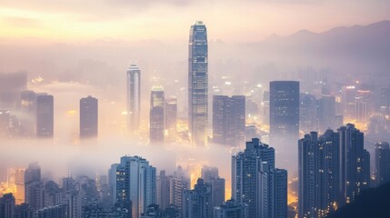 Fototapeta premium Misty dusk cityscape with skyscrapers and fog
